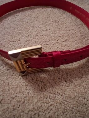 Women’s Red Snakeskin Belt with Gold Rectangular Buckle